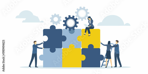 Teamwork and problem solving illustrated with puzzle pieces and business people
