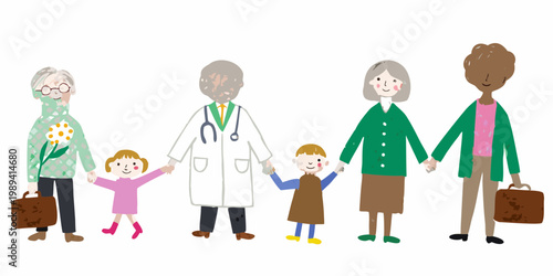 A diverse family stands together including a doctor in a simple illustration
