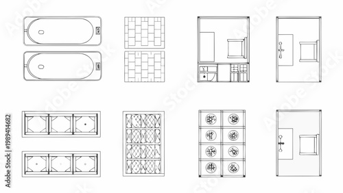Architectural floor plans depicting bathroom and room layouts in black and white