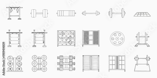 Line drawing of various gym equipment and weightlifting apparatus