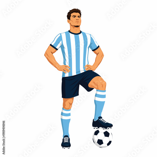 Man in blue and white soccer uniform standing on a ball