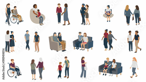 Diverse group of people interacting in various family and social settings