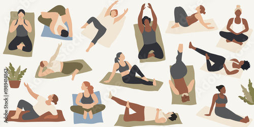 Diverse group practicing various yoga poses on mats indoors