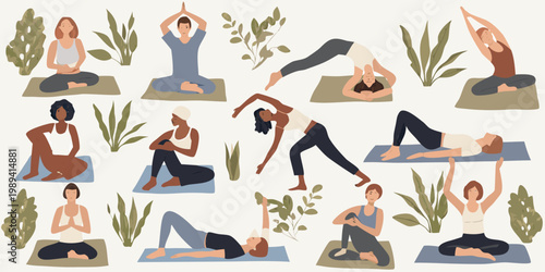 Diverse people practicing yoga poses amidst stylized botanical elements