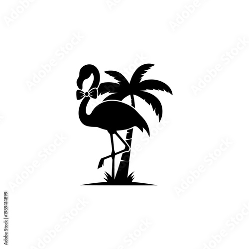 Flamingo with bow tie and palm tree silhouette