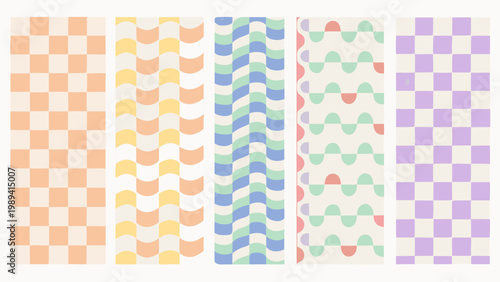 A collection of colorful vertically oriented wavy and checkered patterns
