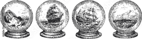 vintage engraved glass spheres with nautical scenes including shipwreck, sailing ships, and seascape