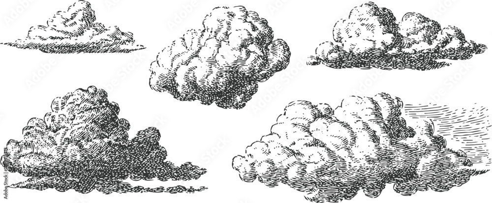 Fototapeta premium vintage hand drawn clouds set various fluffy cloud illustrations in black and white for design and decoration