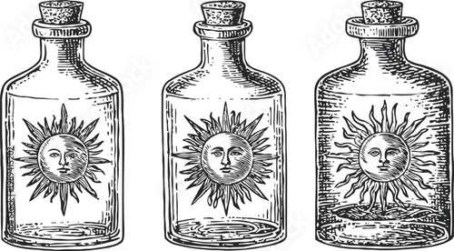 three glass bottles with cork stoppers featuring vintage sun illustrations inside