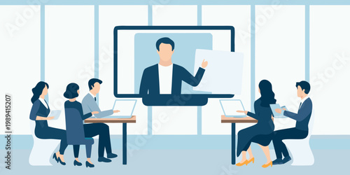 Business professionals attend a virtual presentation on a large screen