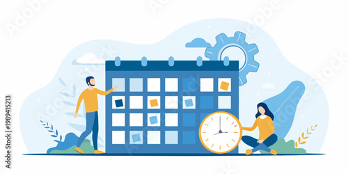 People planning schedule with large calendar and time management concepts