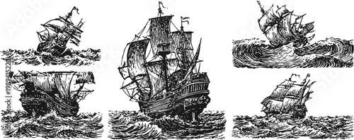 Vintage sailing ships illustrations old wooden galleons on ocean waves nautical marine craftsmanship and exploration design