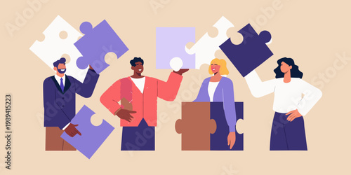 Diverse group collaborating and connecting puzzle pieces together