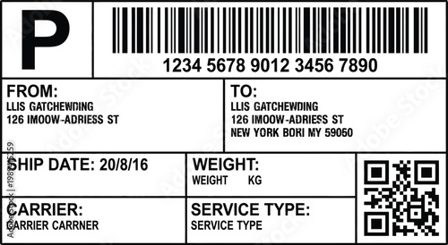 Shipping label template, parcel shipping form, package delivery note, address label vector