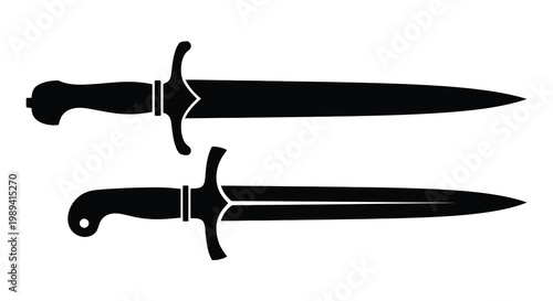 Two crossed swords depicted in a stark black graphic design silhouette