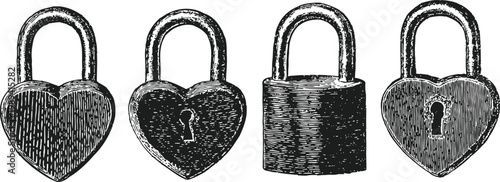 Set of vintage padlocks with heart shaped and rectangular designs old fashioned keyhole locks for security and love symbolism
