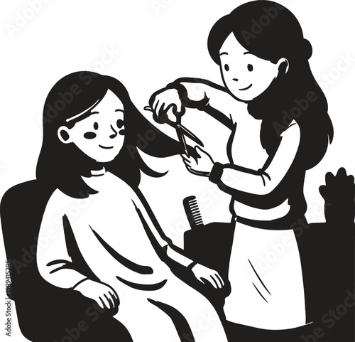 Black and white, haircut, salon scene, vector illustration, hairstylist at work