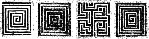 abstract black and white square mazes with textured rough edges and grid patterns