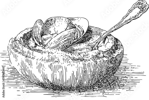 Mushroom bowl filled with creamy soup and clams, vintage hand drawn black and white illustration