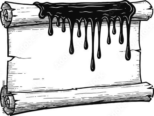 Ancient parchment scroll with dripping black ink, vintage hand drawn paper texture frame