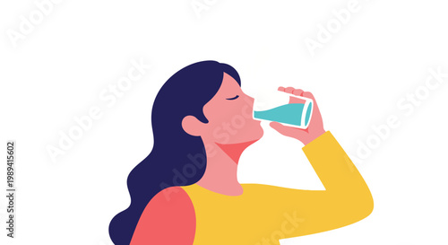 A woman is drinking a beverage from a glass in a casual indoor setting while wearing a yellow shirt and having long dark hair.