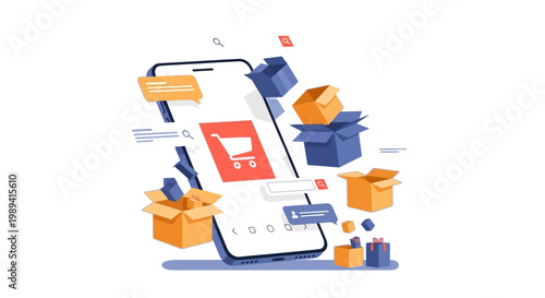 The scene depicts a smartphone with a shopping cart on its screen surrounded by floating boxes and packages in a digital illustration.
