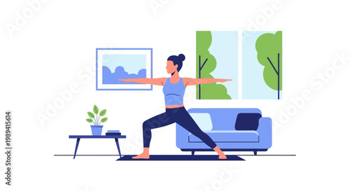 A woman practices yoga in a serene living room with plants and a couch, exuding calmness and focus, surrounded by a peaceful atmosphere with natural light pouring in.