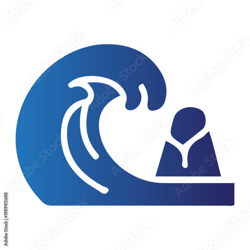 Person surfing on a giant wave at the beach with emotions