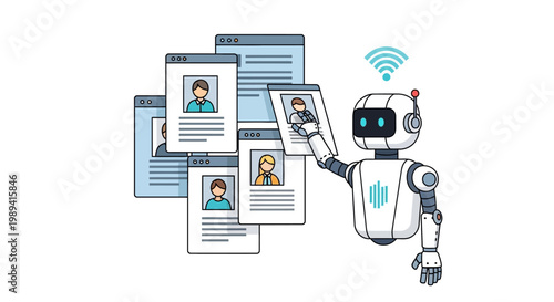 A futuristic robot wirelessly accesses and displays multiple digital identification cards on screens.