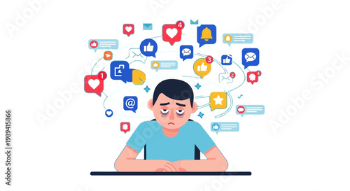 A man sits at a desk looking stressed with various social media icons floating above his head in a chaotic environment.
