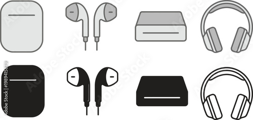 Audio equipment icons, headphones, earbuds, music accessories, black and white