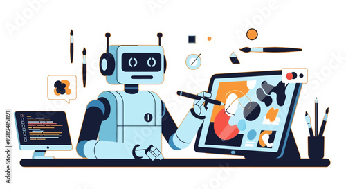 A futuristic robot artist creates a vibrant digital painting on a graphics tablet surrounded by various design tools and gadgets in a modern workspace.