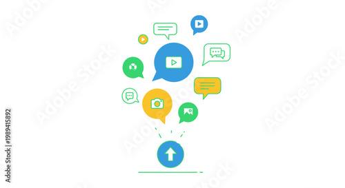 A vibrant digital illustration of various colorful speech bubbles and icons floating upwards from a central point on a plain white background.