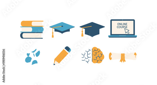 A digital illustration depicts a graduation ceremony with online course icons and various educational symbols.
