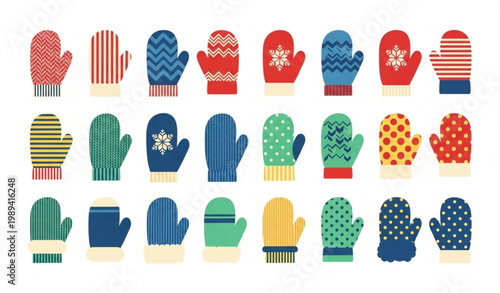 Winter mittens flat icon set with colorful knitted glove designs in grid layout vector illustration