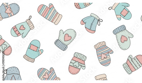 Cute winter mittens doodle vector set with pastel colors and playful hand drawn glove illustrations