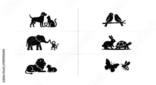 Minimalist animal friendship silhouettes, black pet and wildlife icons set, 6 vector illustrations of animal pairs for logos and branding