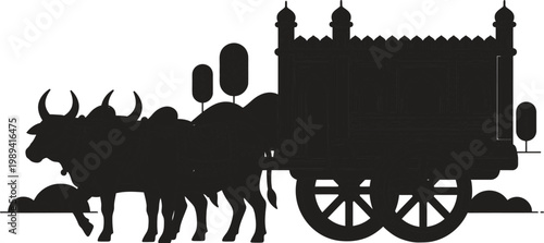 Black oxen, vintage cart, silhouette illustration, vector graphics