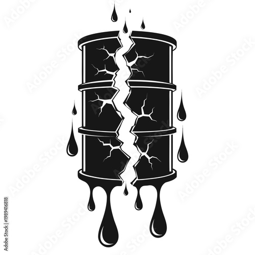Cracked oil drum, leaking black liquid, industrial vector icon, barrel symbol