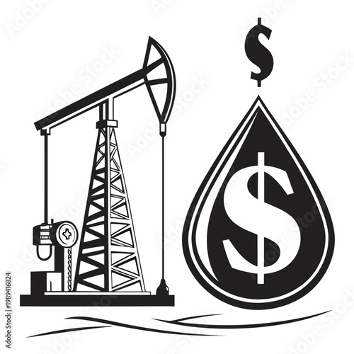 Oil rig, money, vector illustration, petroleum, finance, black and white