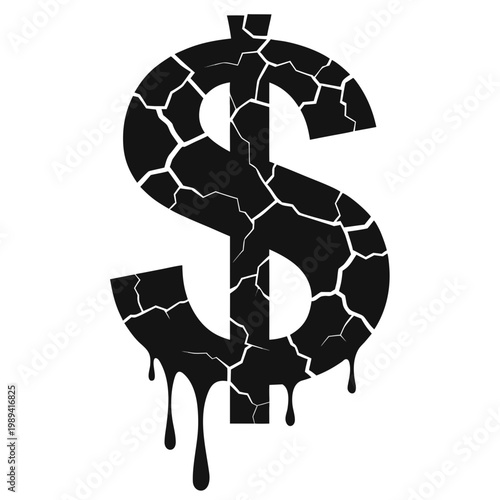 Cracked black dollar sign, broken currency symbol, graffiti style vector icon, financial crisis concept