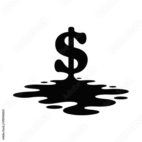 Black dollar sign icon, melting money symbol, liquid cash vector, financial crisis concept
