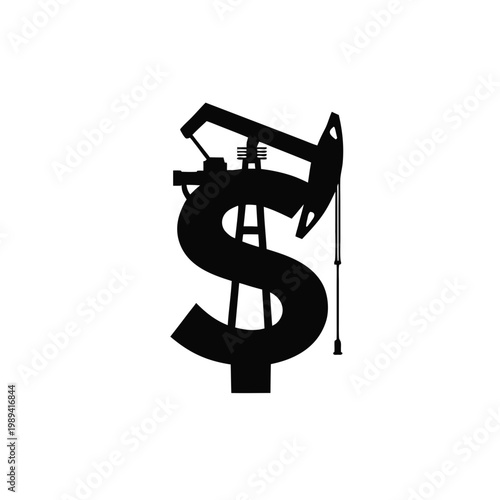 Oil pump jack, dollar sign, black icon, financial energy symbol, vector illustration