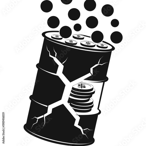 Cracked oil drum, leaking coins, money loss concept, financial crisis, vector illustration