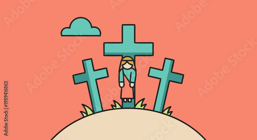 A solemn depiction of Good Friday, symbolizing sacrifice and remembrance with three crosses on a hill