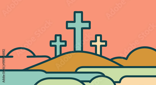A serene illustration of three crosses on a hill, symbolizing Good Friday and the Easter holiday