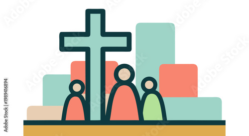 Good Friday-themed illustration with a cross and figures, symbolizing faith and community on a solemn occasion