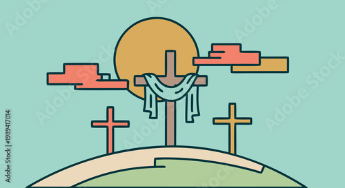 A Good Friday illustration depicting the three crosses on a hill with a sun and clouds in the background
