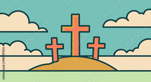 A stylized illustration depicting the crucifixion of Jesus on Good Friday with three crosses on a hill under a cloudy sky