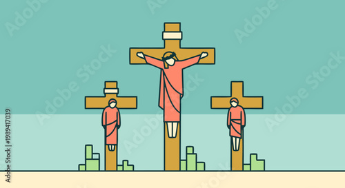 A solemn depiction of three crucifixions on Good Friday, symbolizing sacrifice and redemption